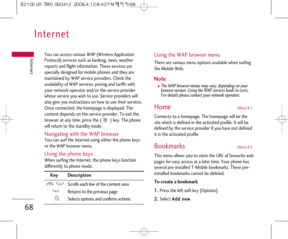 Internet, Home, Bookmarks | LG B2100 User Manual | Page 69 / 79