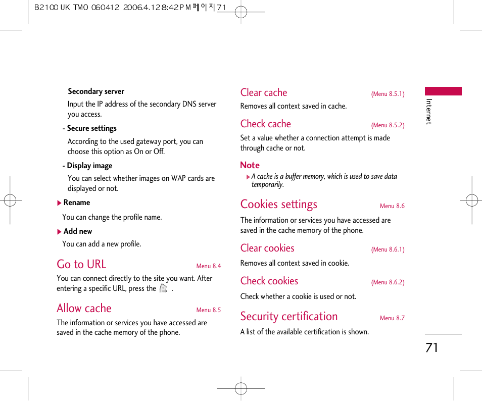 Go to url, Allow cache, Cookies settings | Security certification, Clear cache, Check cache, Clear cookies, Check cookies | LG B2100 User Manual | Page 72 / 79