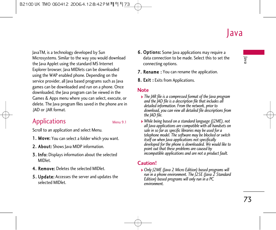 Java, Applications | LG B2100 User Manual | Page 74 / 79