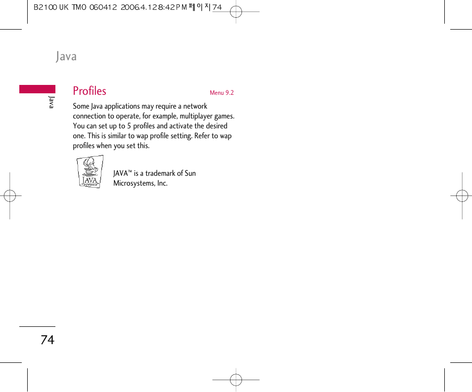 Java, Profiles | LG B2100 User Manual | Page 75 / 79