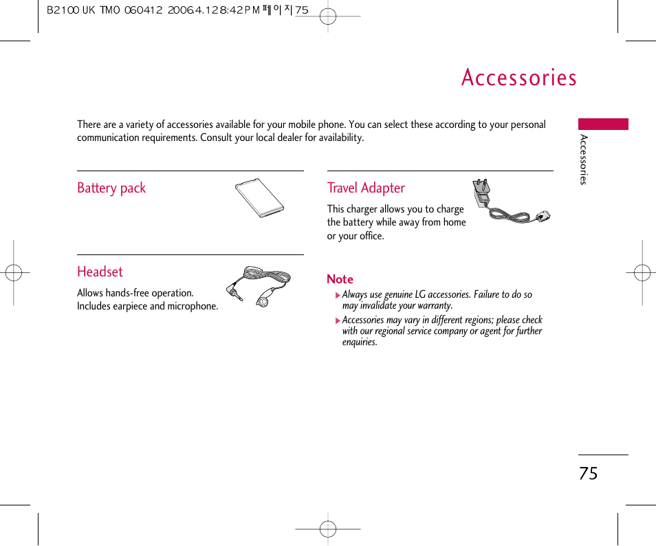 Accessories, Battery pack headset, Travel adapter | LG B2100 User Manual | Page 76 / 79