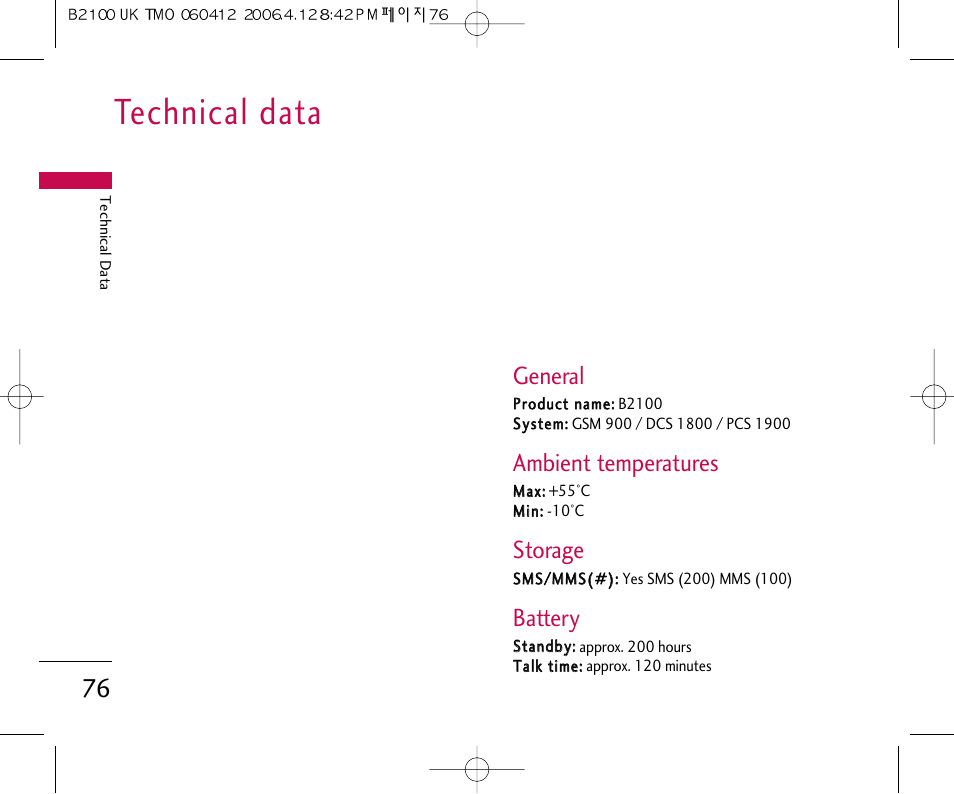 Technical data, General, Ambient temperatures | Storage, Battery | LG B2100 User Manual | Page 77 / 79