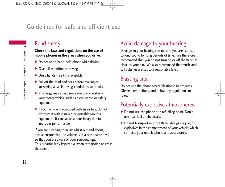 Guidelines for safe and efficient use, Road safety, Avoid damage to your hearing | Blasting area, Potentially explosive atmospheres | LG B2100 User Manual | Page 9 / 79