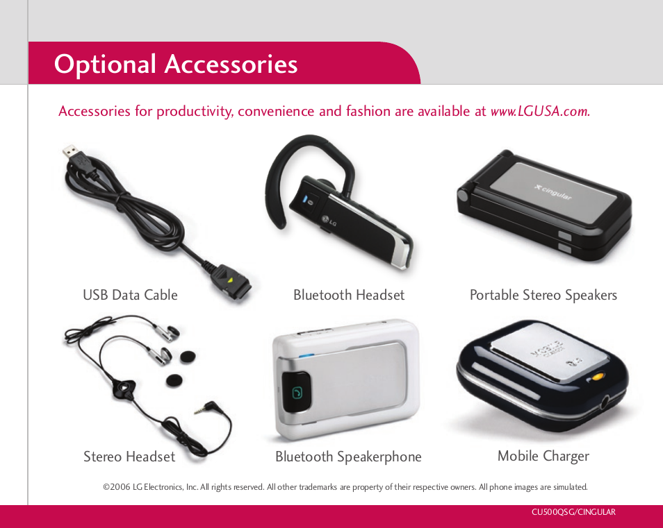 Optional accessories | LG CU500 User Manual | Page 10 / 10