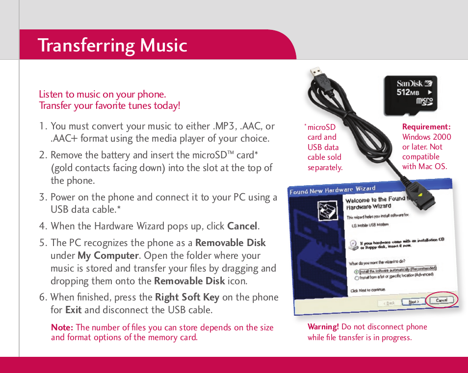 Transferring music | LG CU500 User Manual | Page 4 / 10