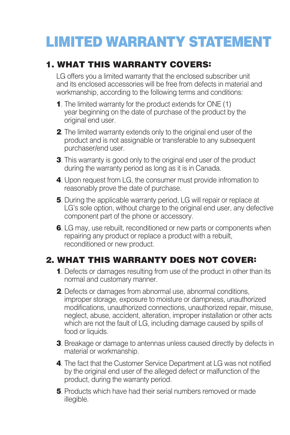 Limited warranty statement | LG 4015 User Manual | Page 2 / 114