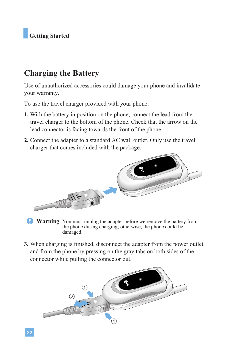 Charging the battery | LG 4015 User Manual | Page 23 / 114