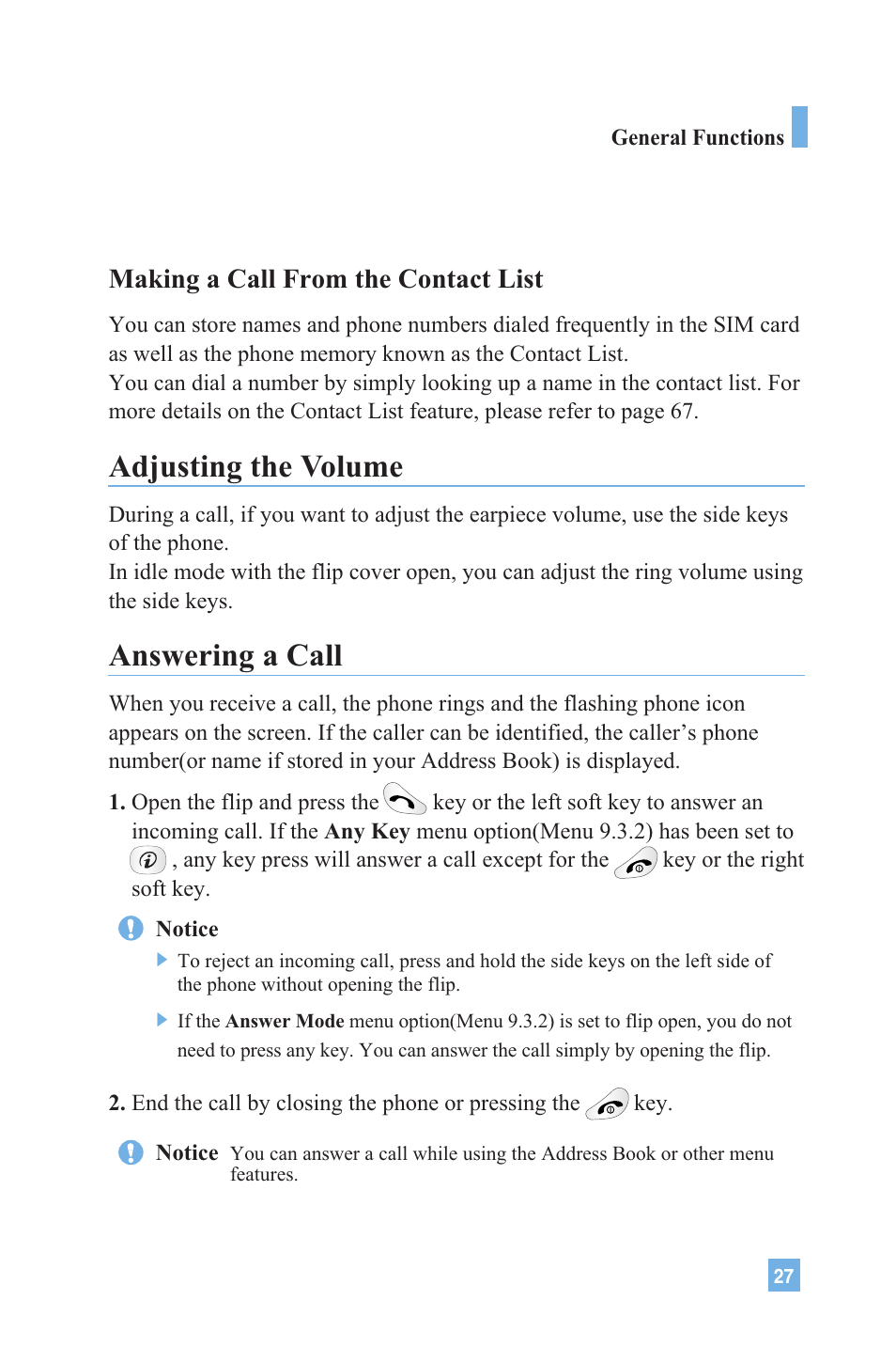 Adjusting the volume, Answering a call, Making a call from the contact list | LG 4015 User Manual | Page 28 / 114