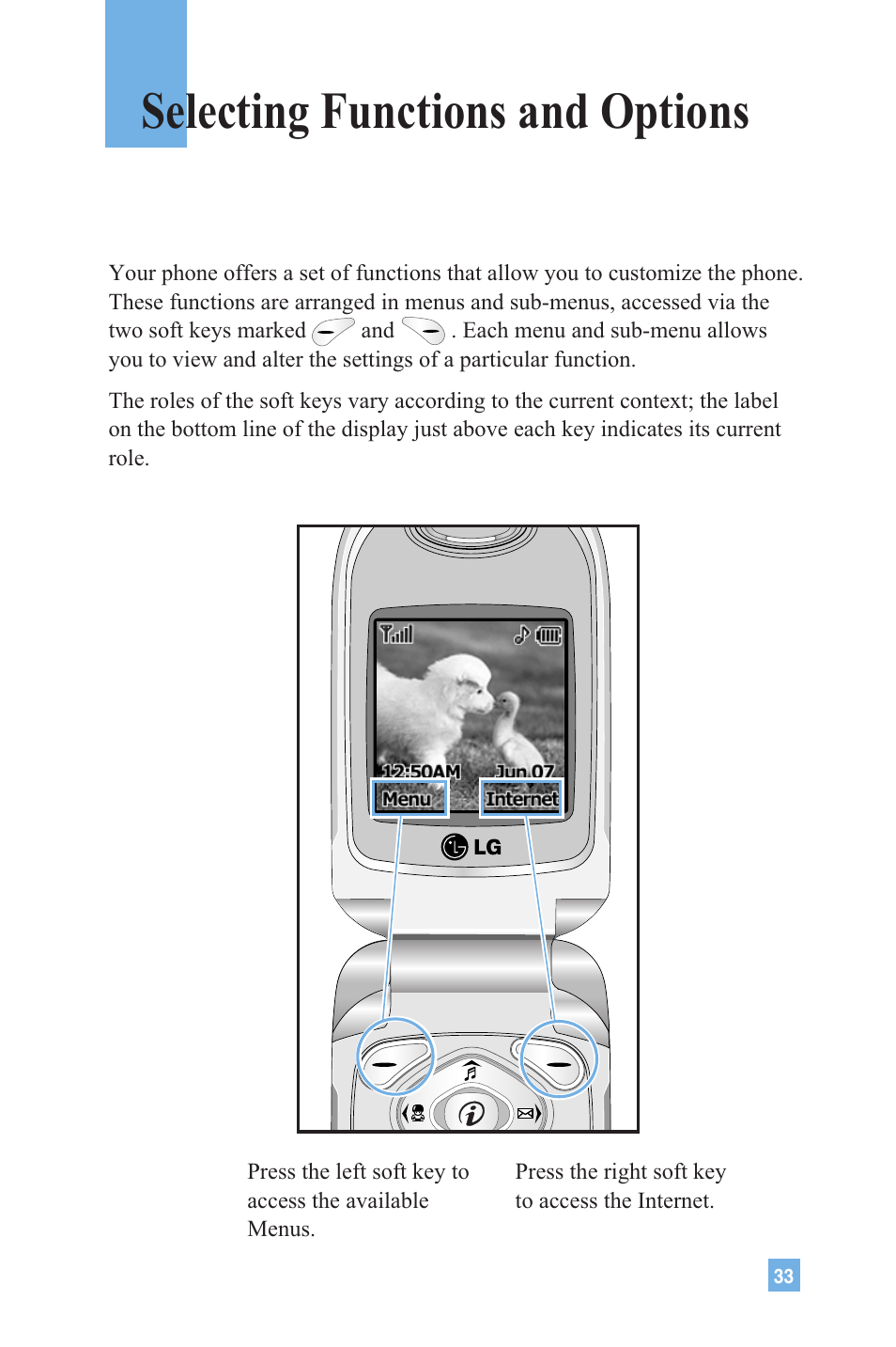 Selecting functions and options | LG 4015 User Manual | Page 34 / 114