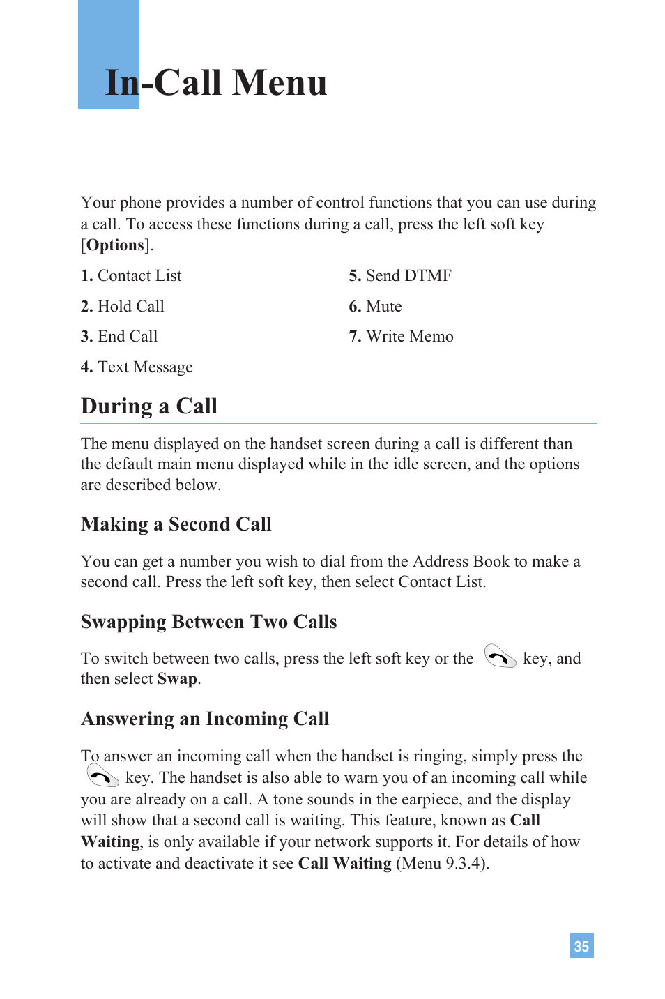 In-call menu, During a call | LG 4015 User Manual | Page 36 / 114