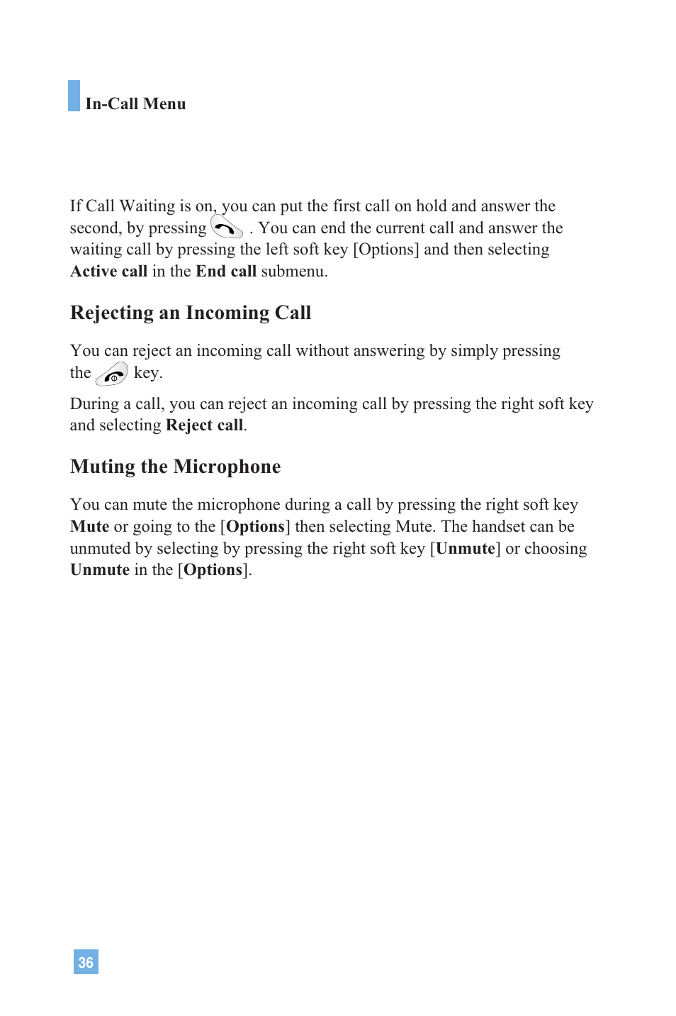 Rejecting an incoming call, Muting the microphone | LG 4015 User Manual | Page 37 / 114