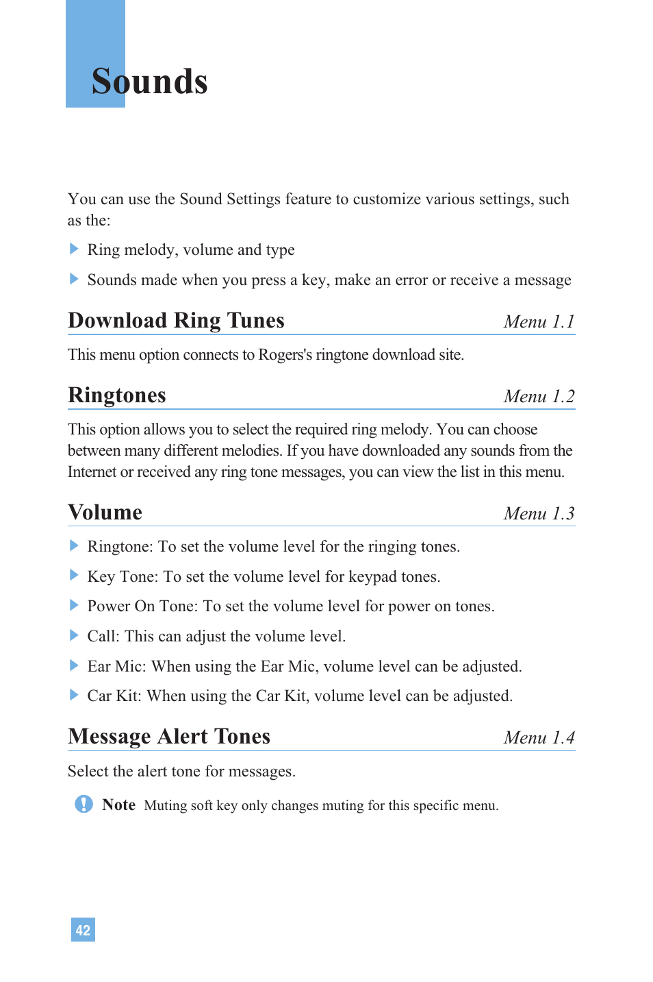 Sounds, Download ring tunes, Ringtones | Volume, Message alert tones | LG 4015 User Manual | Page 43 / 114