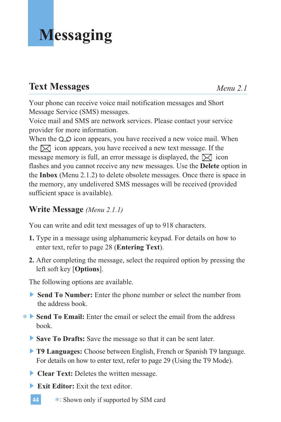 Messaging, Text messages | LG 4015 User Manual | Page 45 / 114