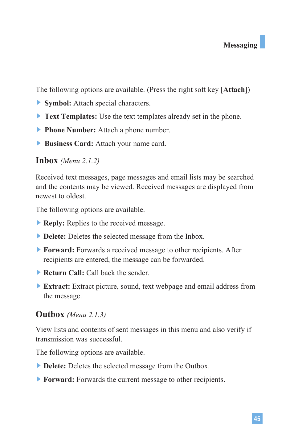 Inbox, Outbox | LG 4015 User Manual | Page 46 / 114