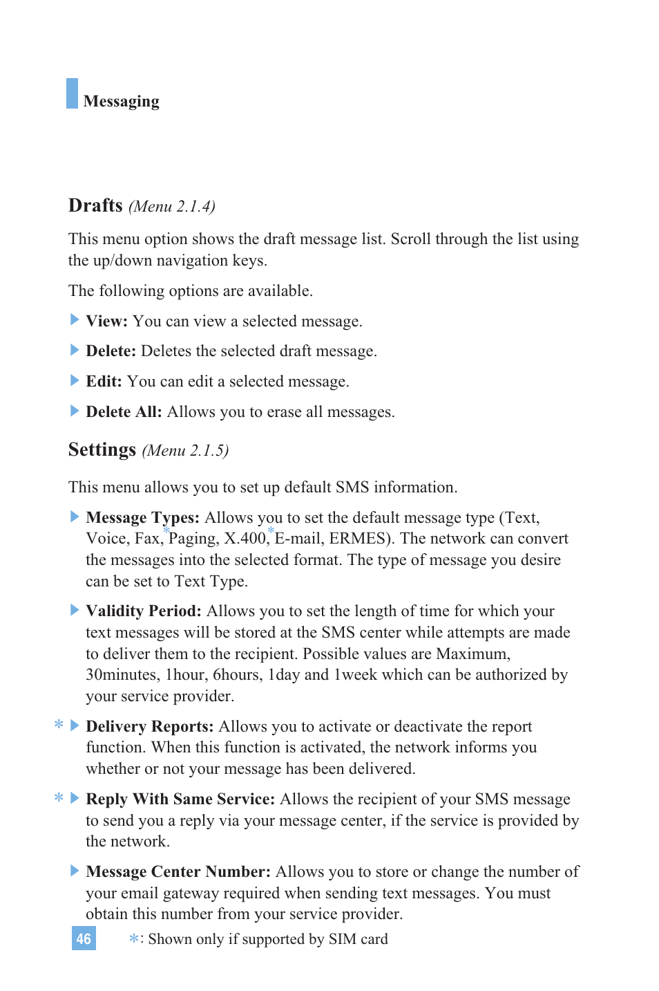 Drafts, Settings | LG 4015 User Manual | Page 47 / 114