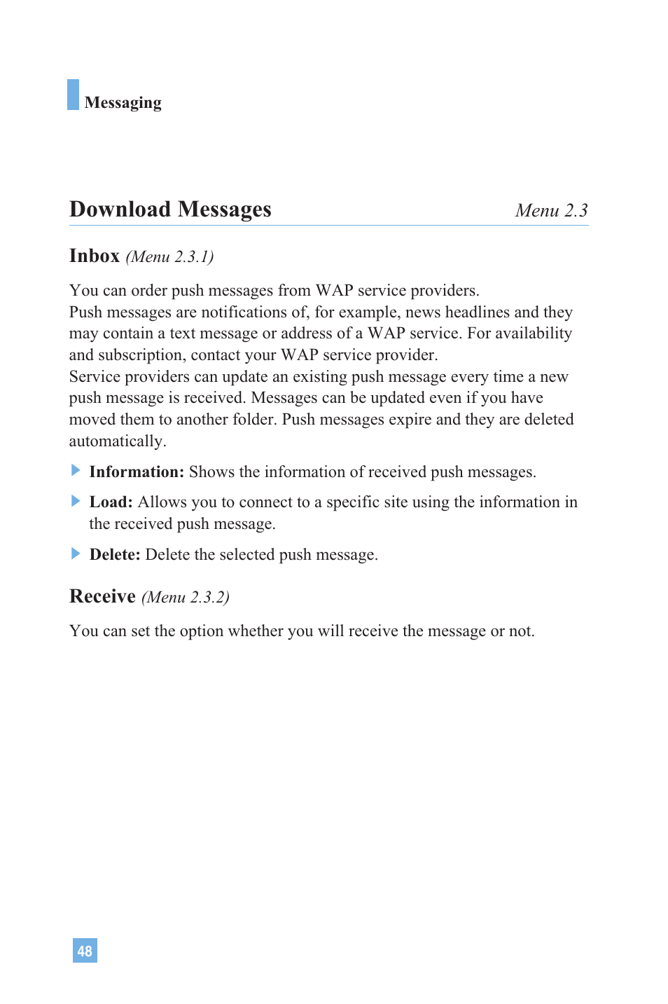 Download messages, Inbox, Receive | LG 4015 User Manual | Page 49 / 114