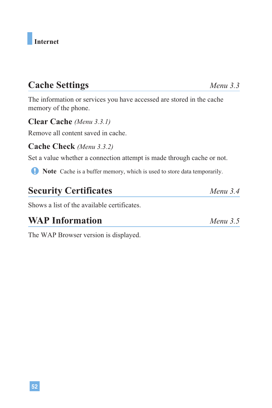 Cache settings, Security certificates, Wap information | LG 4015 User Manual | Page 53 / 114