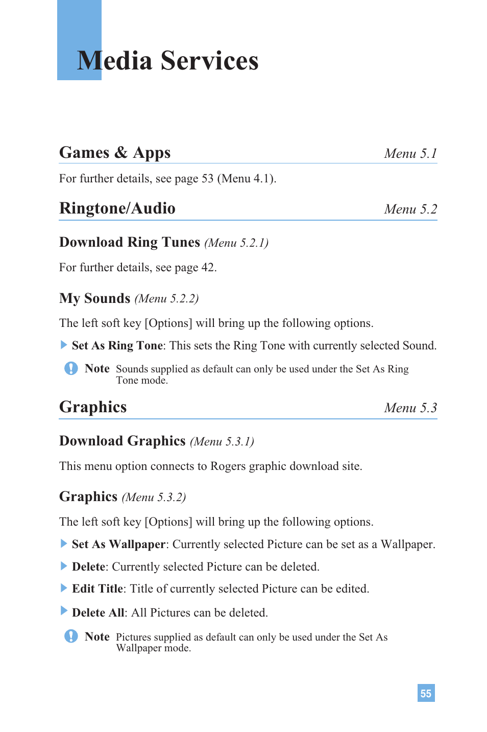 Media services, Games & apps, Ringtone/audio | Graphics | LG 4015 User Manual | Page 56 / 114