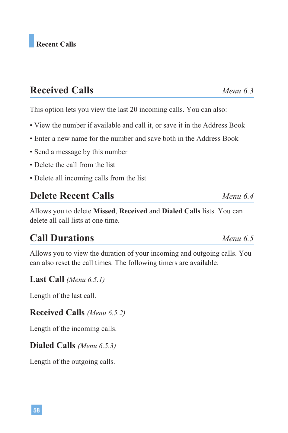 Received calls, Delete recent calls, Call durations | LG 4015 User Manual | Page 59 / 114