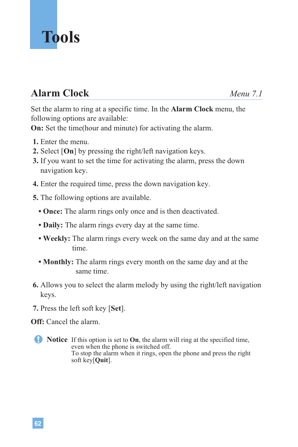 Tools, Alarm clock | LG 4015 User Manual | Page 63 / 114