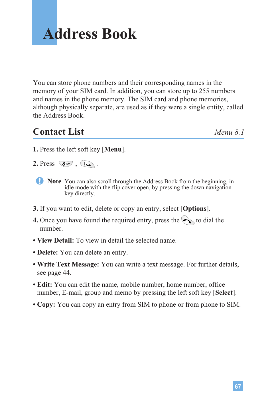 Address book, Contact list | LG 4015 User Manual | Page 68 / 114