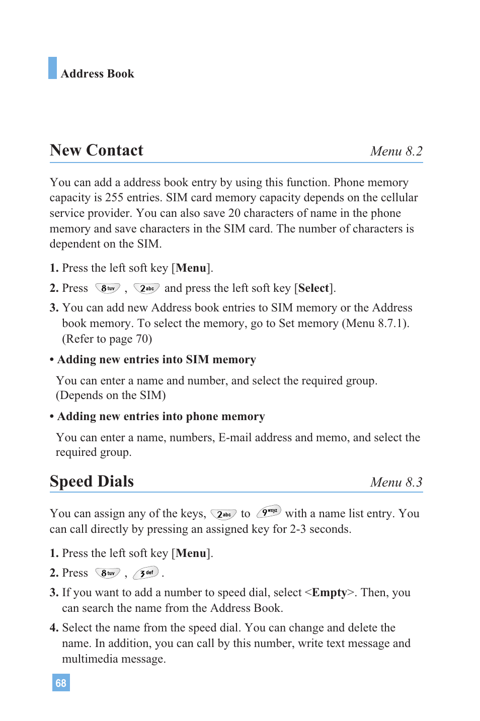 New contact, Speed dials | LG 4015 User Manual | Page 69 / 114