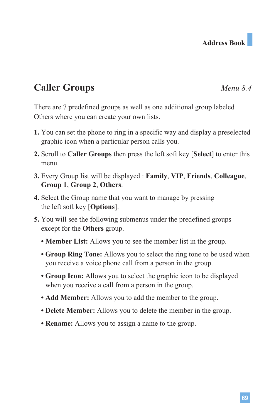 Caller groups | LG 4015 User Manual | Page 70 / 114