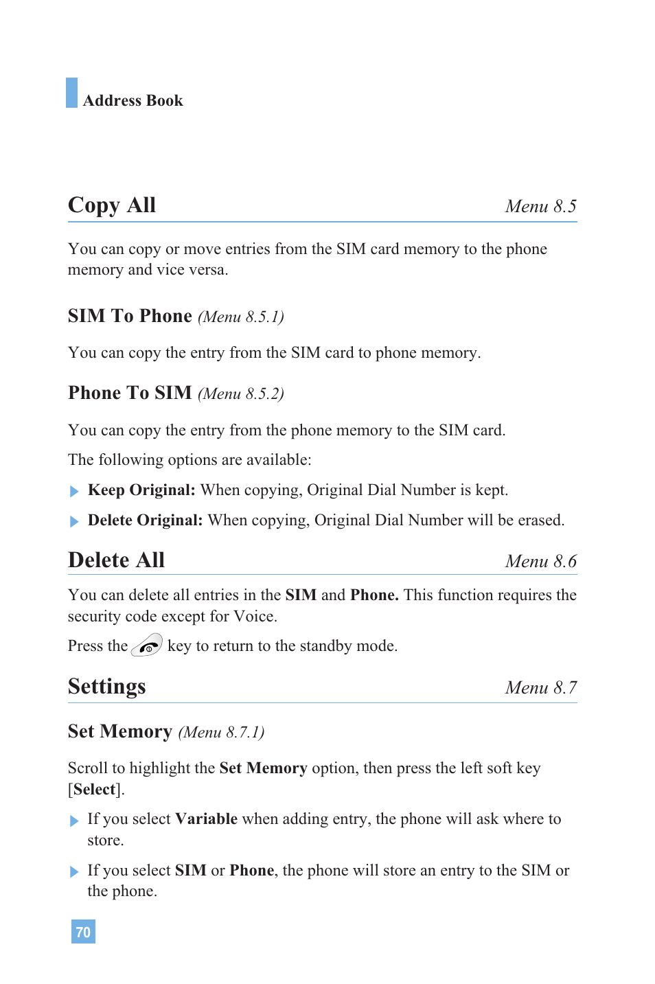 Copy all, Delete all, Settings | LG 4015 User Manual | Page 71 / 114