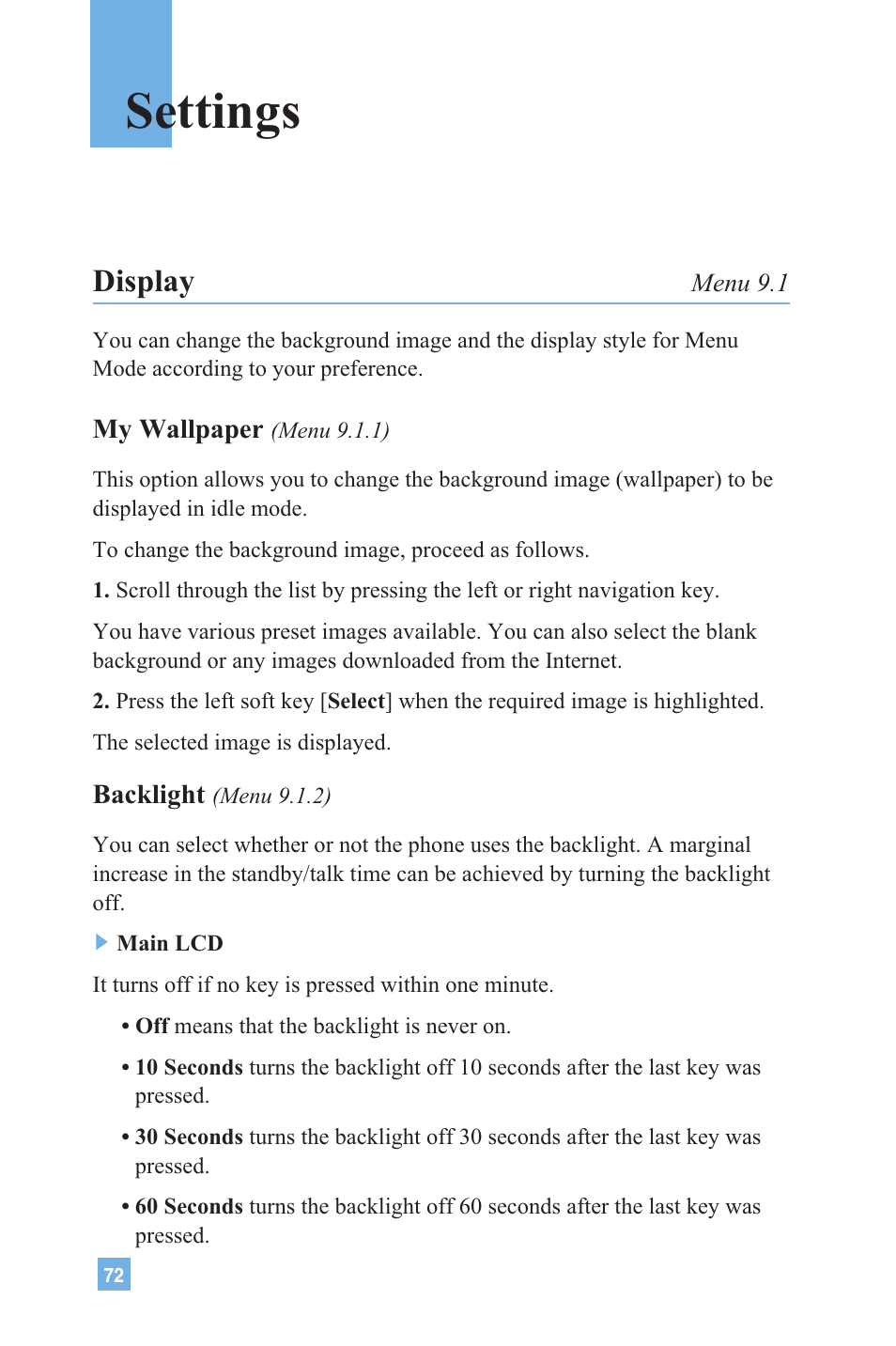 Settings, Display | LG 4015 User Manual | Page 73 / 114