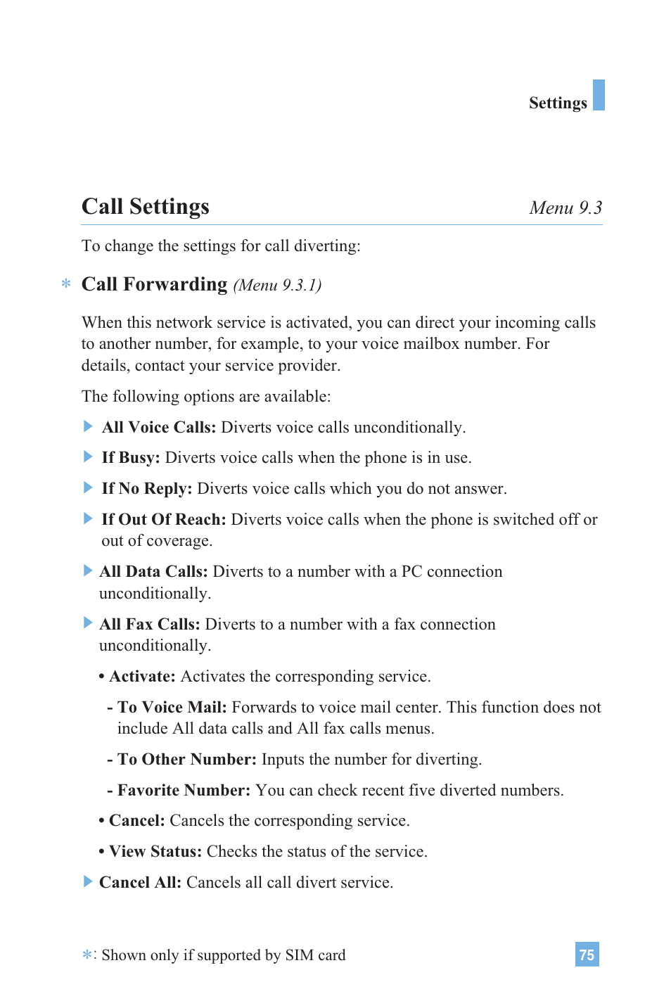 Call settings, Call forwarding | LG 4015 User Manual | Page 76 / 114