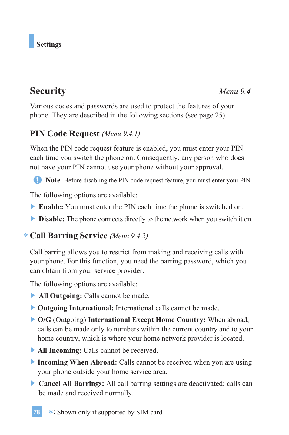 Security, Pin code request, Call barring service | LG 4015 User Manual | Page 79 / 114