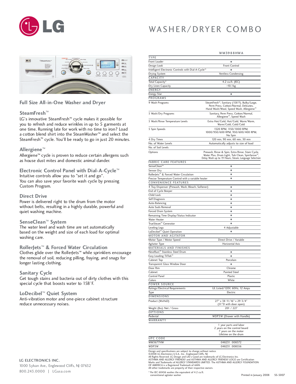 Full size all-in-one washer and dryer steamfresh, Allergiene, Electronic control panel with dial-a-cycle | Direct drive, Senseclean, System, Rollerjets, Forced water circulation, Sanitary cycle, Lodecibel | LG WM3988HWA User Manual | Page 2 / 2