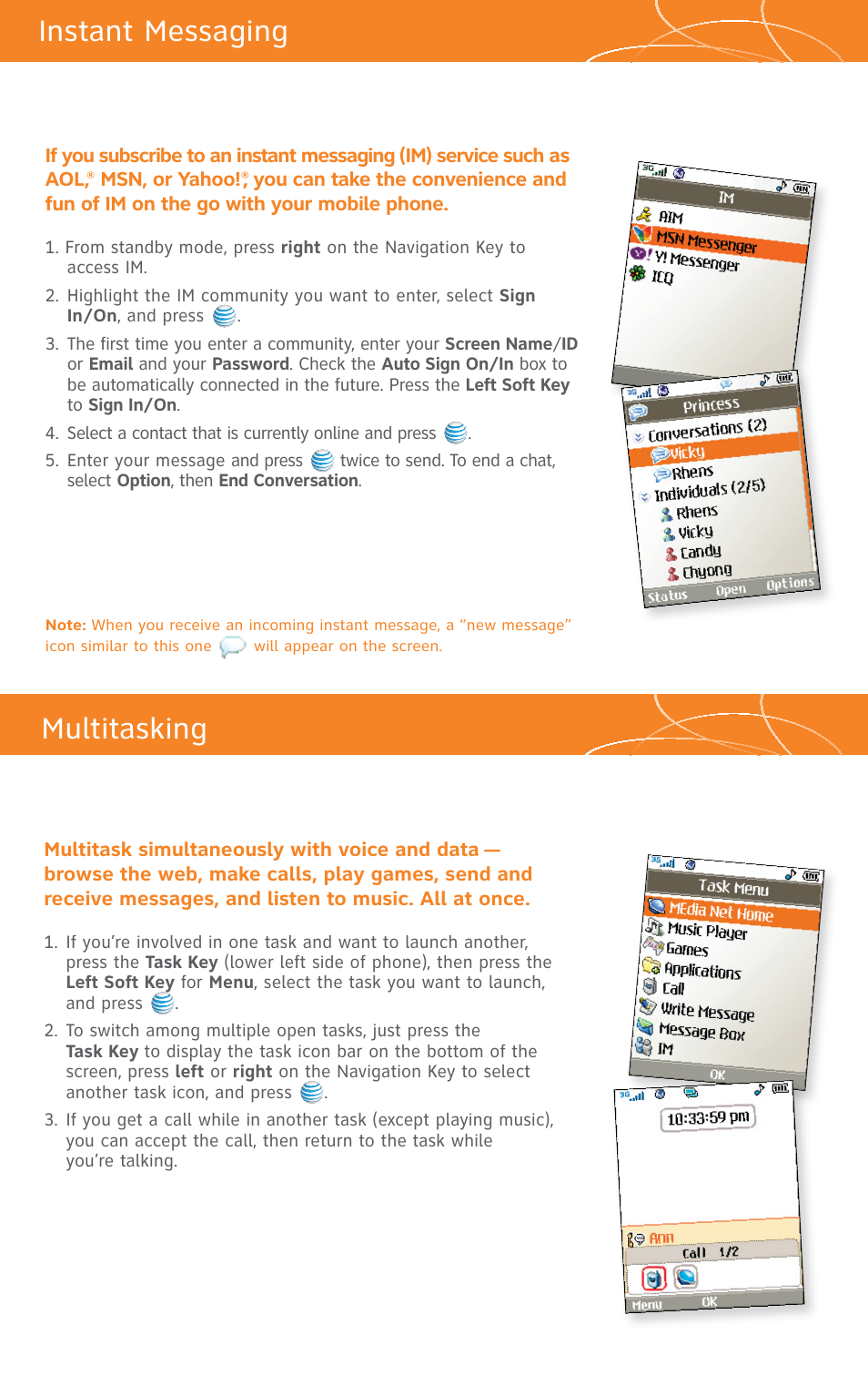 Instant messaging, Multitasking | LG CU500V User Manual | Page 15 / 16