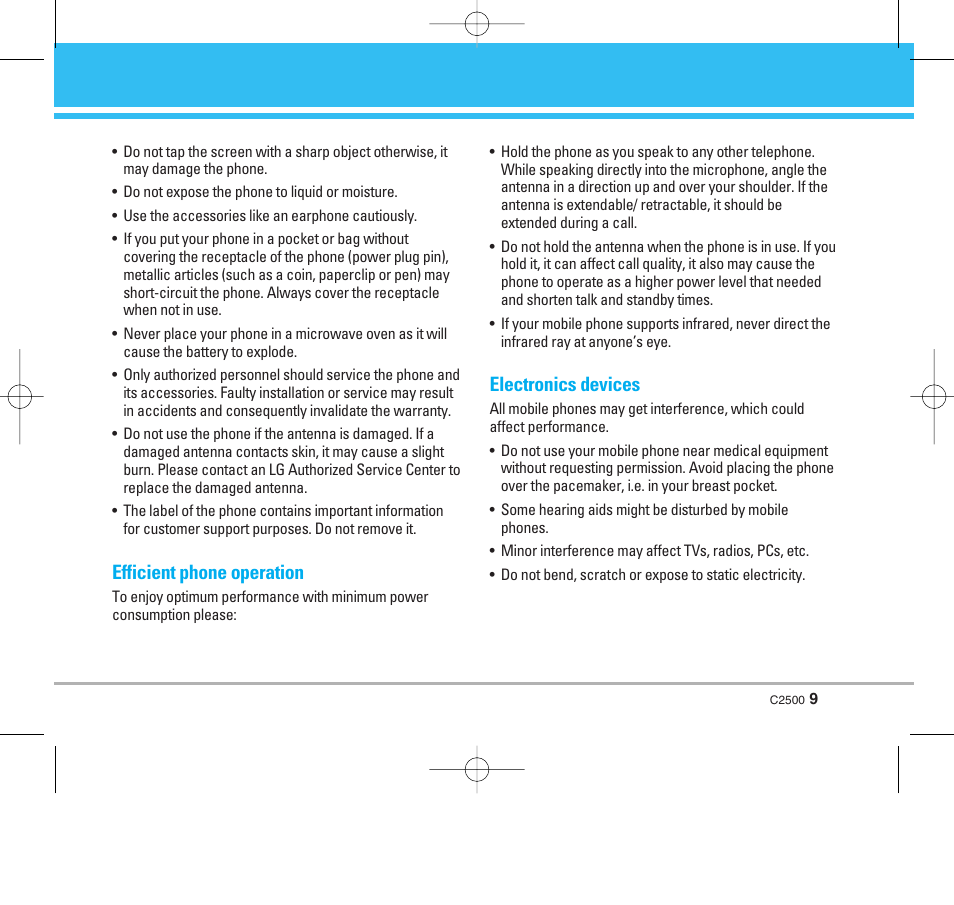 Efficient phone operation, Electronics devices | LG C2500 User Manual | Page 10 / 73