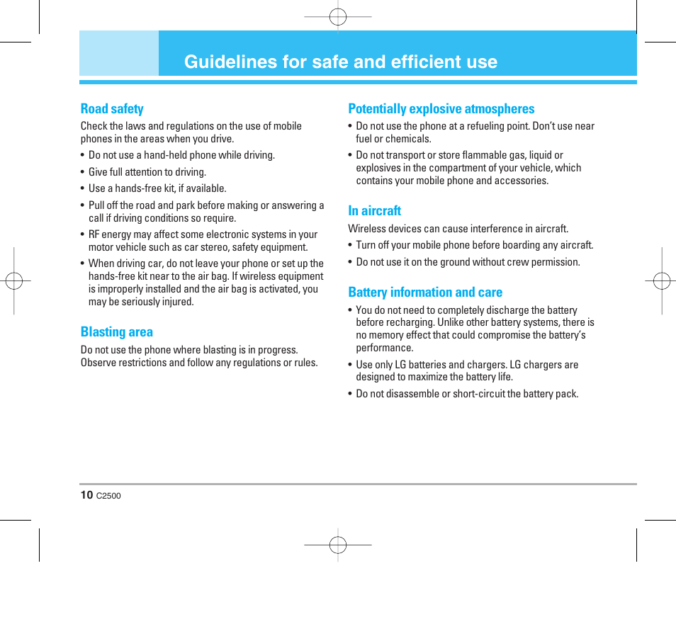 Guidelines for safe and efficient use | LG C2500 User Manual | Page 11 / 73