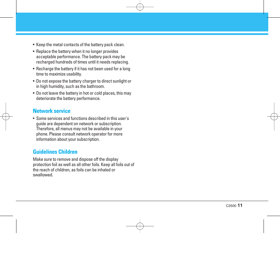 Network service, Guidelines children | LG C2500 User Manual | Page 12 / 73