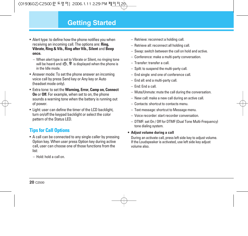 Getting started, Tips for call options | LG C2500 User Manual | Page 21 / 73