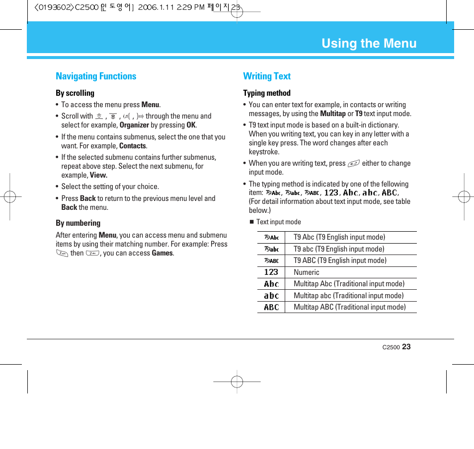 Using the menu, Navigating functions, Writing text | LG C2500 User Manual | Page 24 / 73