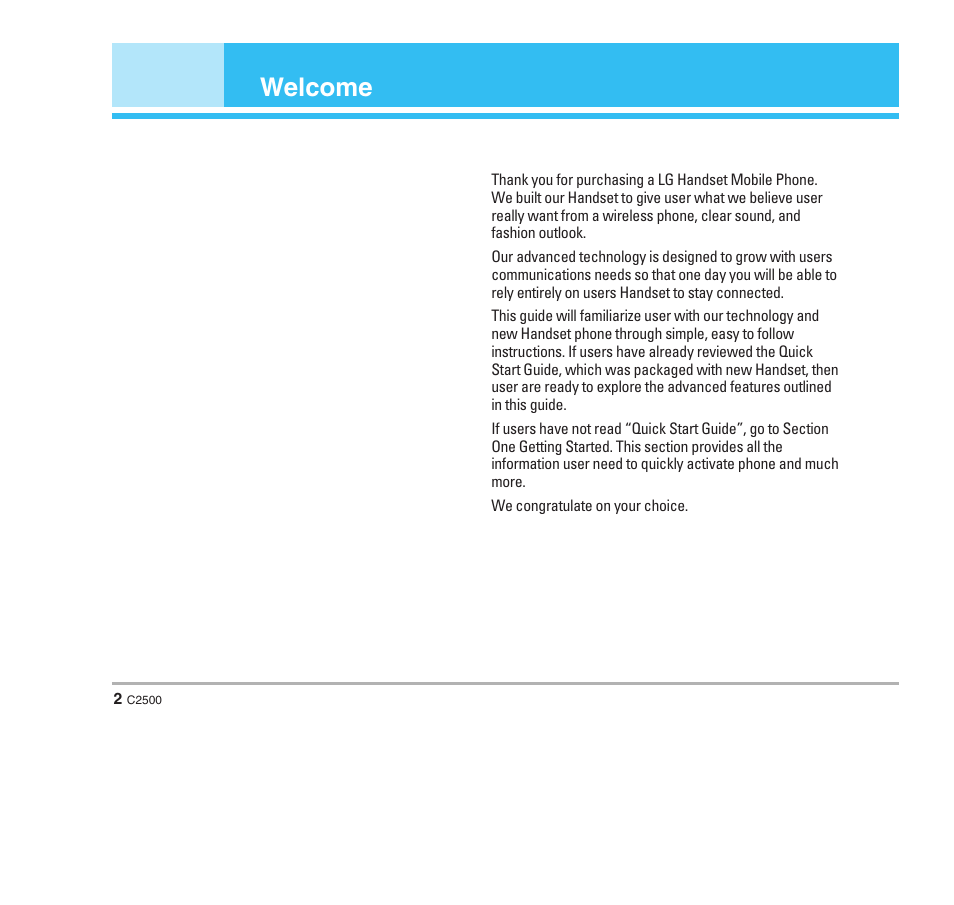 Welcome | LG C2500 User Manual | Page 3 / 73