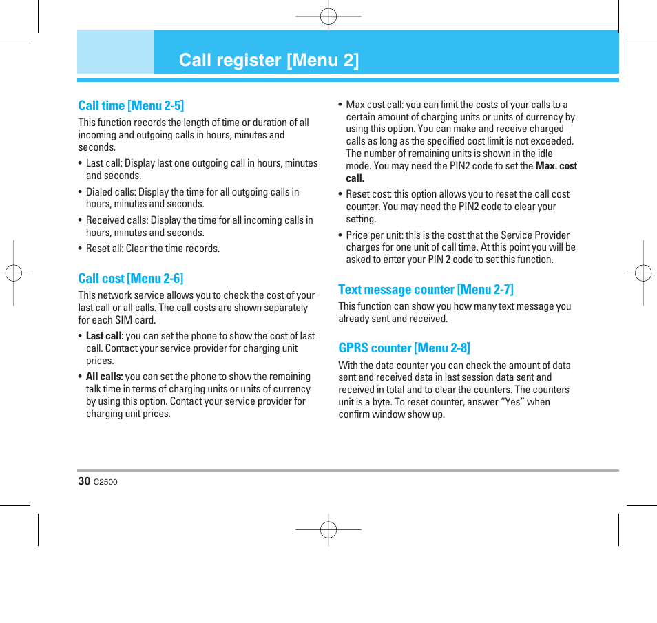 Call register [menu 2 | LG C2500 User Manual | Page 31 / 73