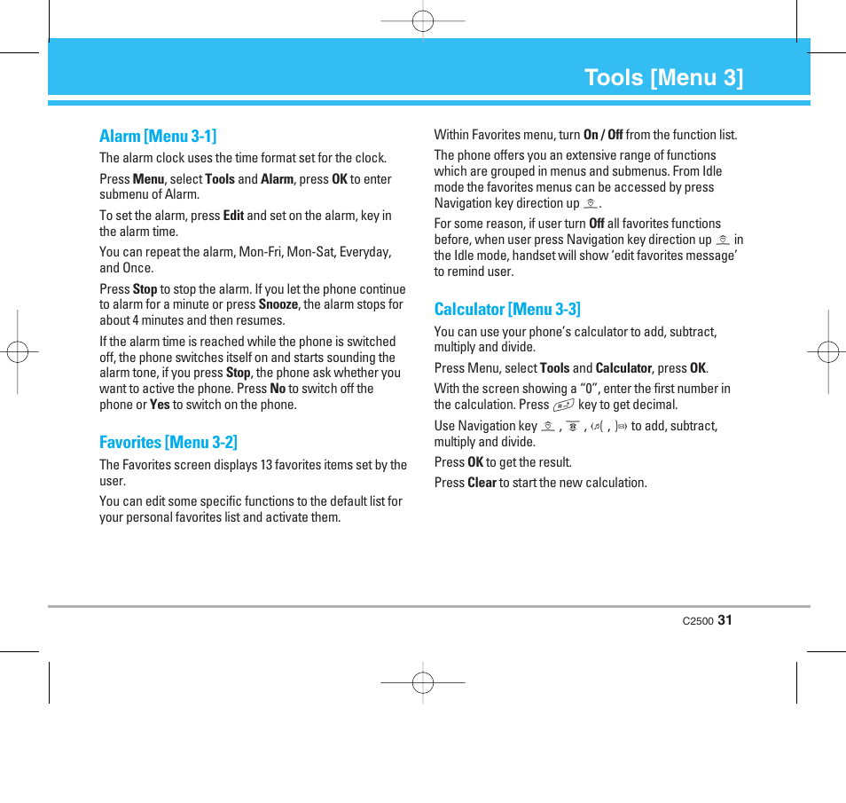 Tools [menu 3 | LG C2500 User Manual | Page 32 / 73