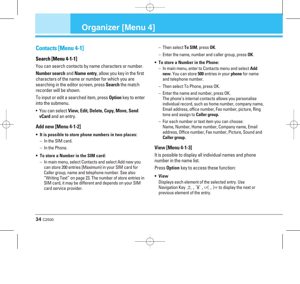 Organizer [menu 4, Contacts [menu 4-1 | LG C2500 User Manual | Page 35 / 73