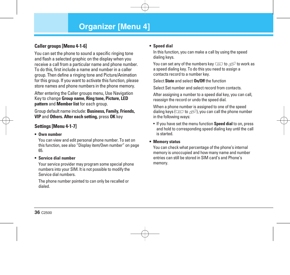 Organizer [menu 4 | LG C2500 User Manual | Page 37 / 73