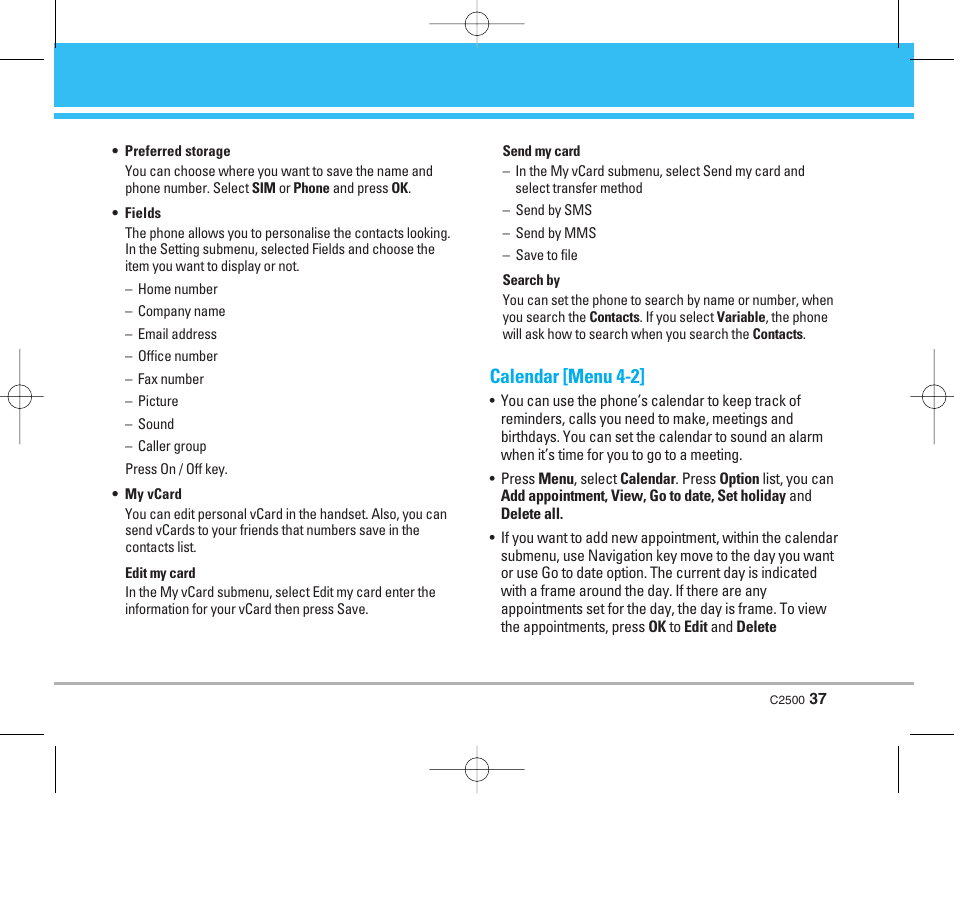 Calendar [menu 4-2 | LG C2500 User Manual | Page 38 / 73