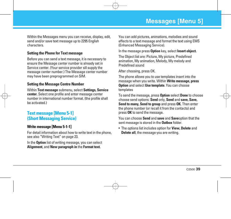 Messages [menu 5, Text message [menu 5-1] (short messaging service) | LG C2500 User Manual | Page 40 / 73