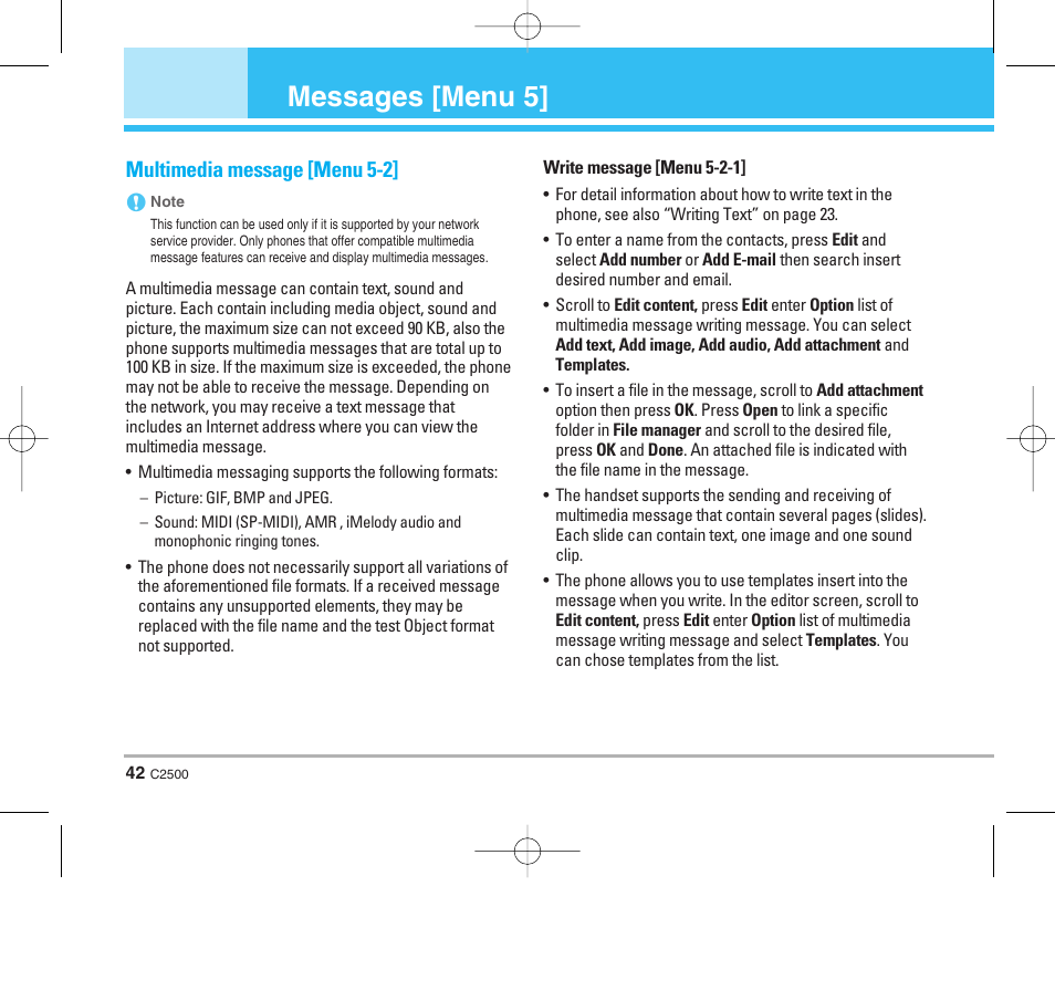 Messages [menu 5, Multimedia message [menu 5-2 | LG C2500 User Manual | Page 43 / 73