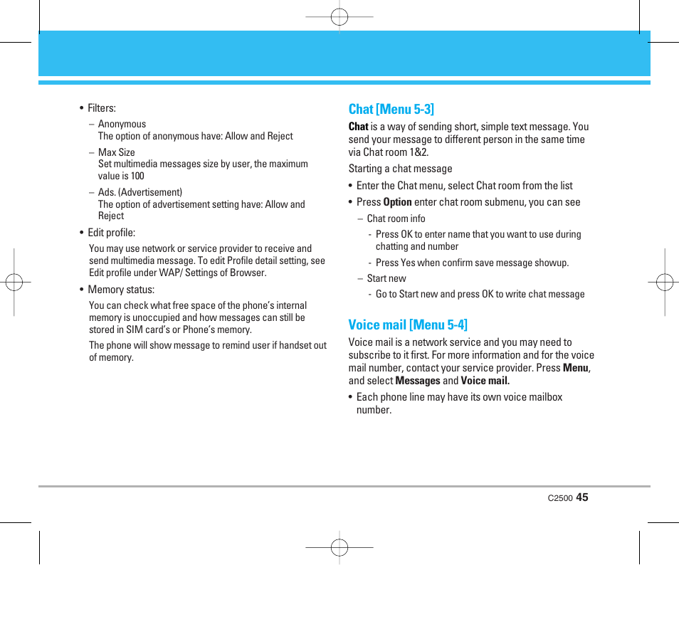 Chat [menu 5-3, Voice mail [menu 5-4 | LG C2500 User Manual | Page 46 / 73