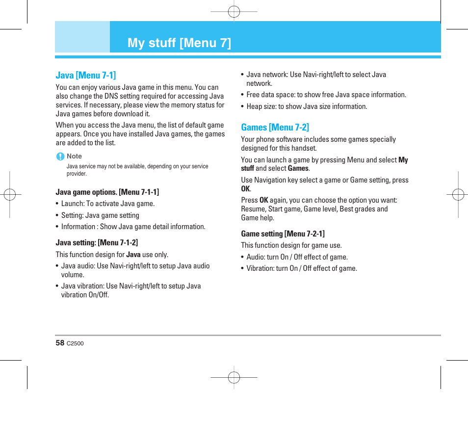 My stuff [menu 7, Java [menu 7-1, Games [menu 7-2 | LG C2500 User Manual | Page 59 / 73