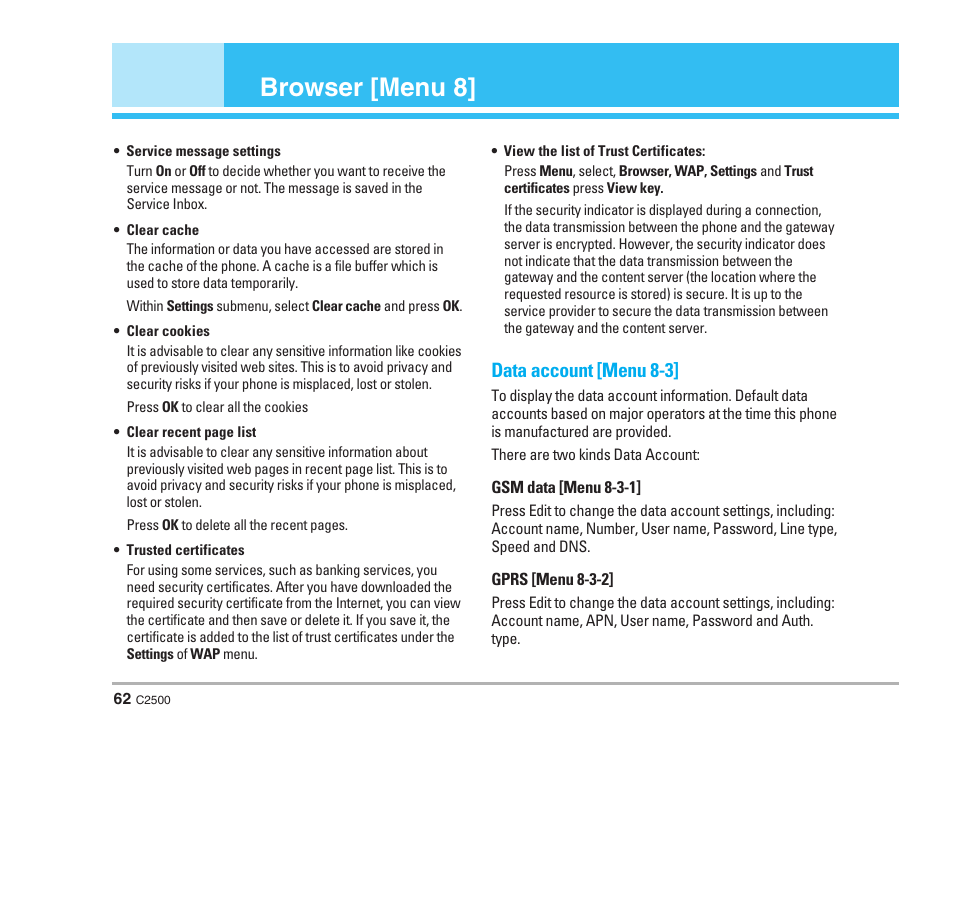 Browser [menu 8, Data account [menu 8-3 | LG C2500 User Manual | Page 63 / 73