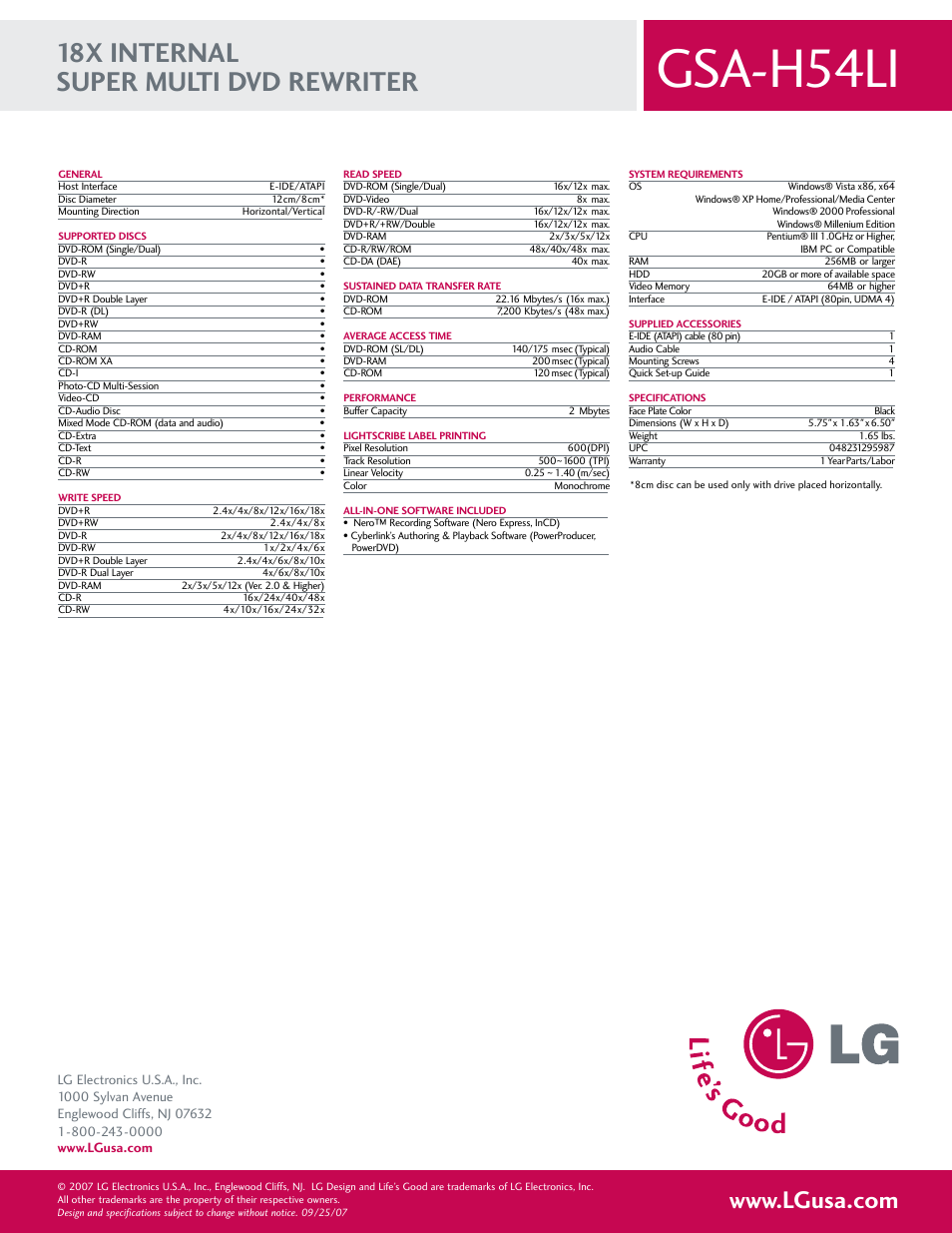 Gsa-h54li, 18x internal super multi dvd rewriter | LG GSA-H54LI User Manual | Page 2 / 2